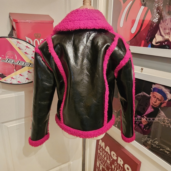 7 For All Mankind Black Faux Leather Jacket with Red Sherpa Trim - Picture 3 of 5